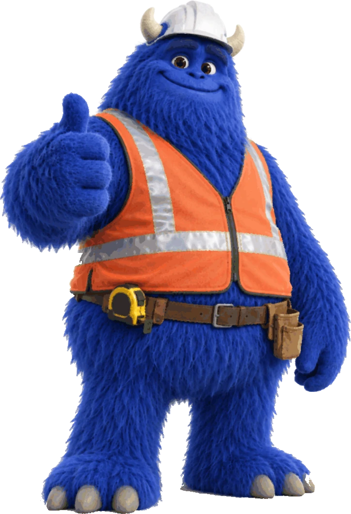 Kev, Sitemonster’s blue construction monster, standing in his hardhat, safety vest and tool belt, giving a thumbs-up.